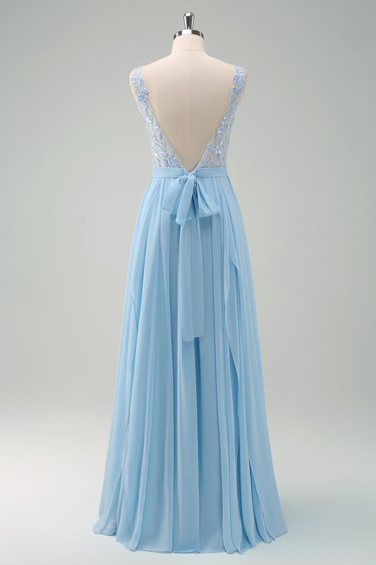 Sky Blue Sequined Chiffon Floral Bridesmaid Dress with Lace