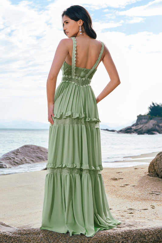 Green A Line Ruffled Floral Long Bridesmaid Dress with Lace