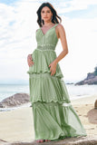 Green A Line Ruffled Floral Long Bridesmaid Dress with Lace