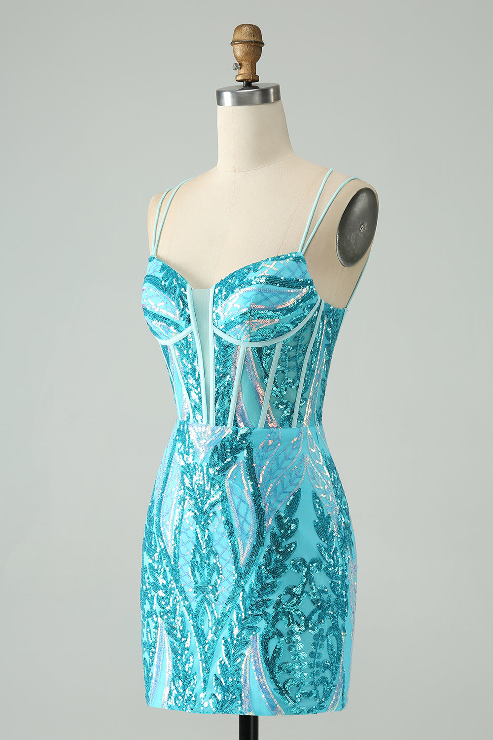 Sparkly Blue Bodycon Spaghetti Straps Corset Homecoming Dress with Sequins