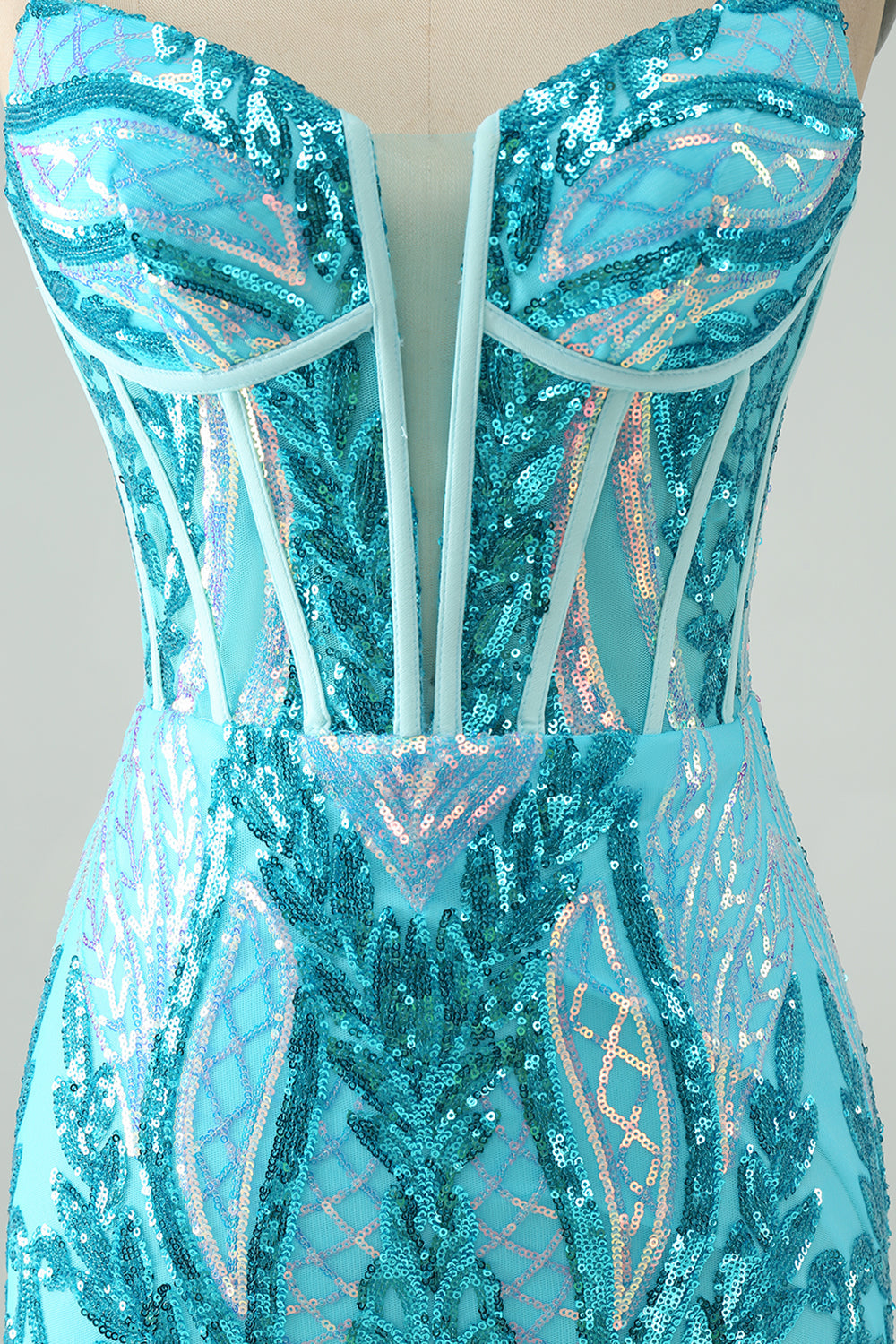 Sparkly Blue Bodycon Spaghetti Straps Corset Homecoming Dress with Sequins