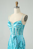 Sparkly Blue Bodycon Spaghetti Straps Corset Homecoming Dress with Sequins