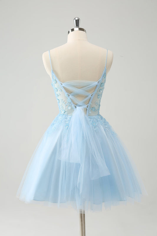 Cute Glitter Blue A Line Beaded Corset Tulle Homecoming Dress with Appliques