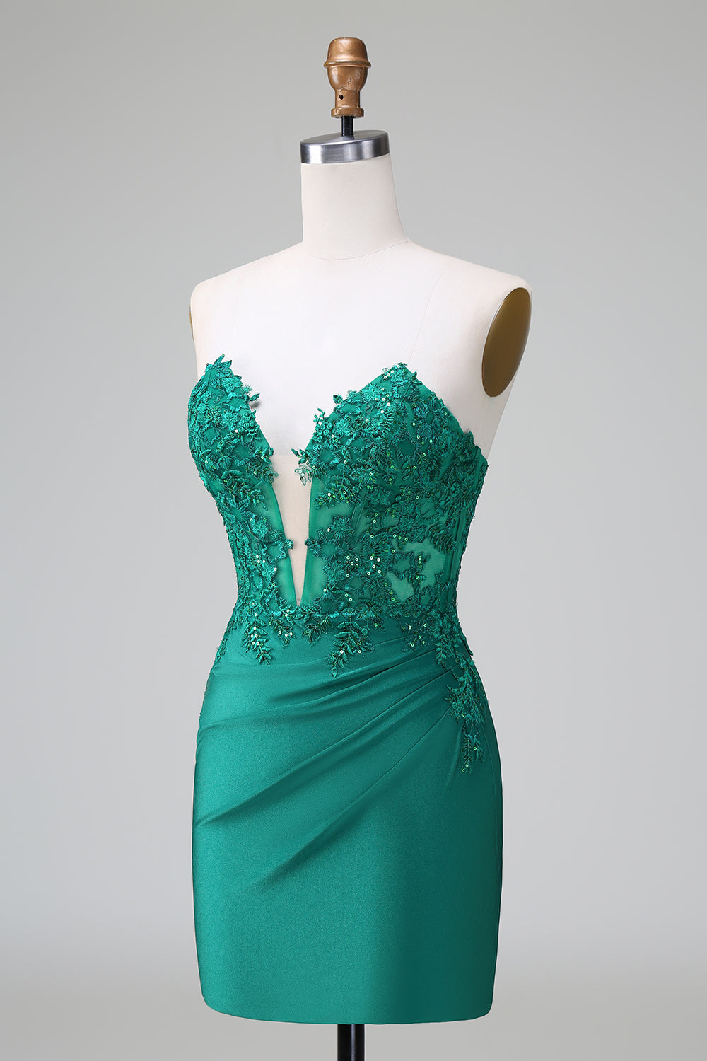 Dark Green Deep V Neck Applique Satin Mini Homecoming Dress