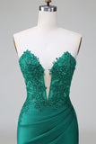 Dark Green Deep V Neck Applique Satin Mini Homecoming Dress