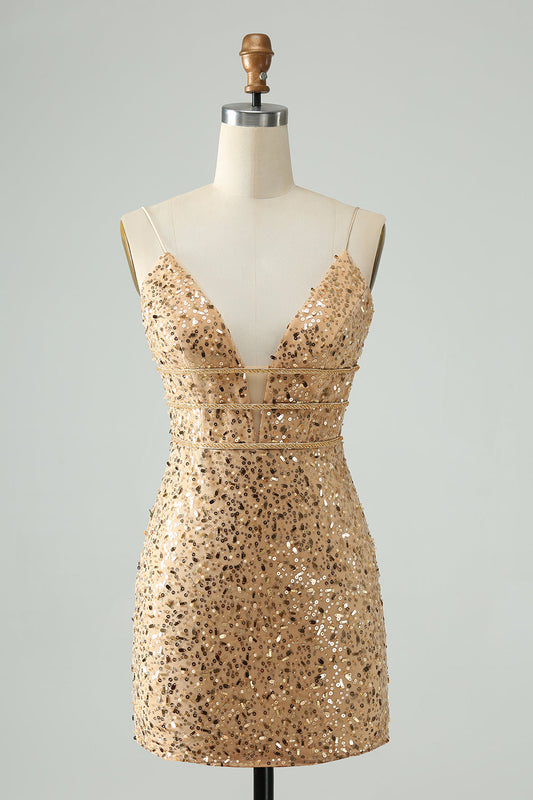 Sparkly Golden Bodycon Spaghetti Strap Short Homecoming Dress with Sequins