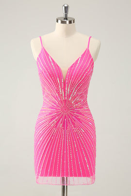 Spaghetti Straps Fuchsia Bodycon Homecoming Dress with Sequins