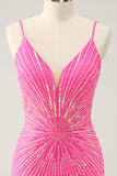 Spaghetti Straps Fuchsia Bodycon Homecoming Dress with Sequins