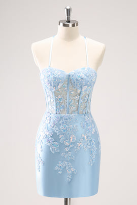 Sparkly Blue Corset Tight Short Homecoming Dress with Lace