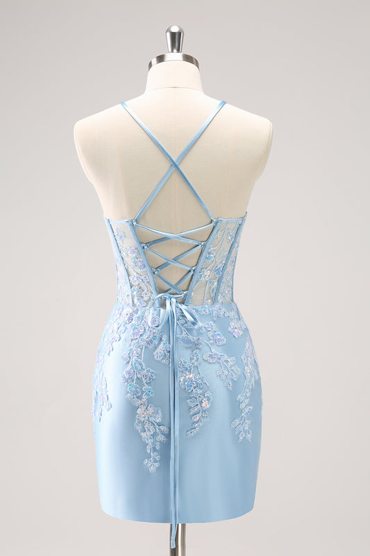 Sparkly Blue Corset Tight Short Homecoming Dress with Lace