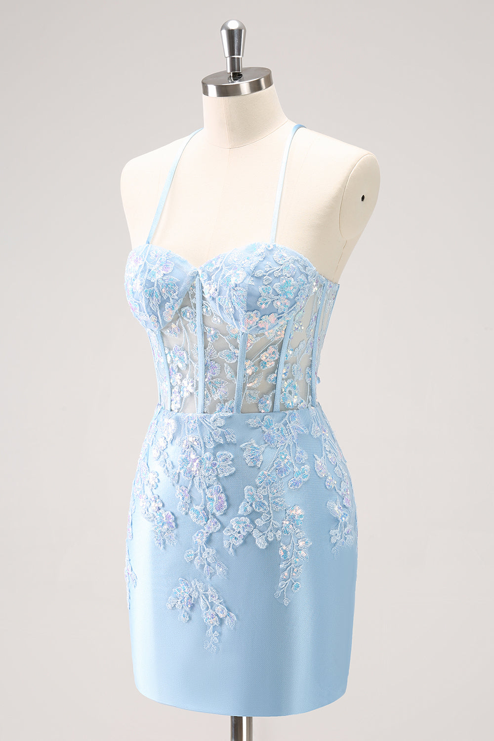 Sparkly Blue Corset Tight Short Homecoming Dress with Lace