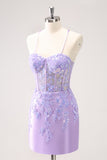 Sparkly Blue Corset Tight Short Homecoming Dress with Lace