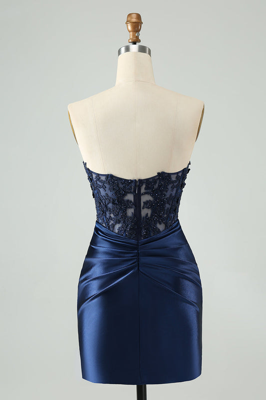 Sparkly Navy Bodycon Strapless Hollow Out Homecoming Dress with Lace