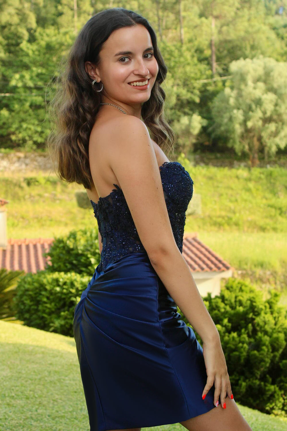 Sparkly Navy Bodycon Strapless Hollow Out Homecoming Dress with Lace