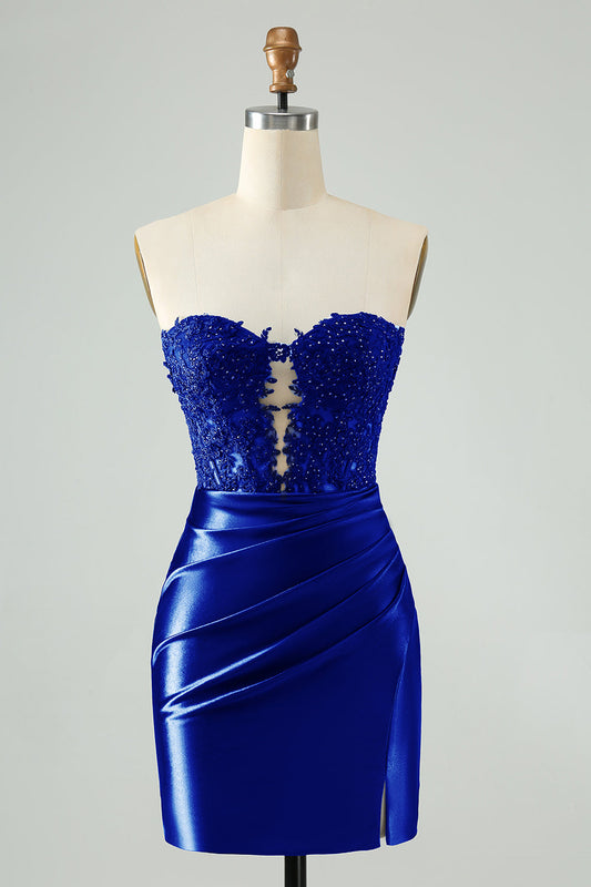 Sparkly Royal Blue Bodycon Strapless Hollow Out Homecoming Dress with Lace