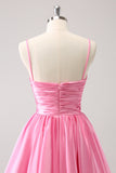 Pink A-Line Spaghetti Straps Pleated Homecoming Dress with Keyhole