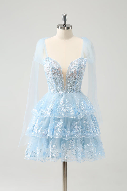 Glitter Blue A Line Embroidery Tiered Homecoming Dress with Appliques