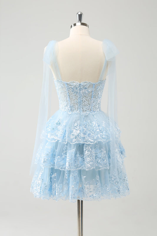 Glitter Blue A Line Embroidery Tiered Homecoming Dress with Appliques
