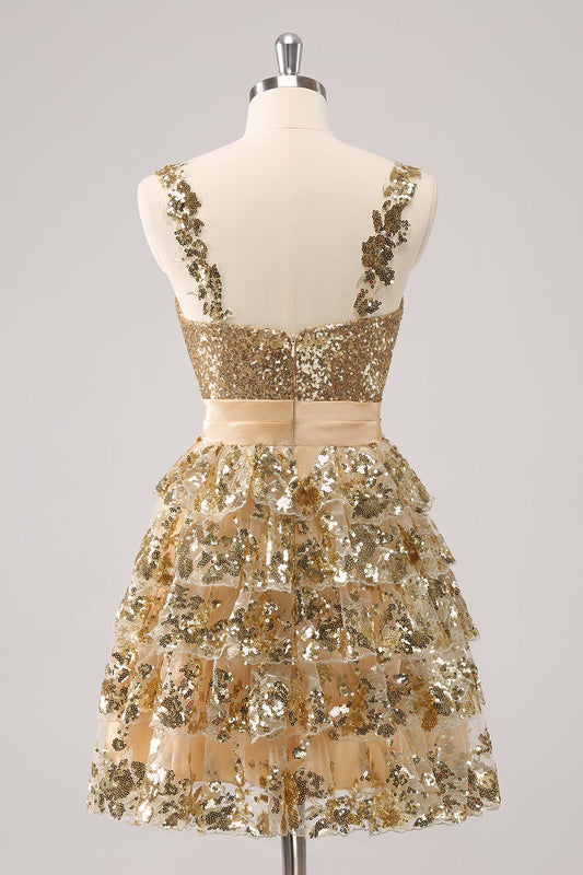 Golden A-Line Spaghetti Straps Sequined Homecoming Dress with Flower