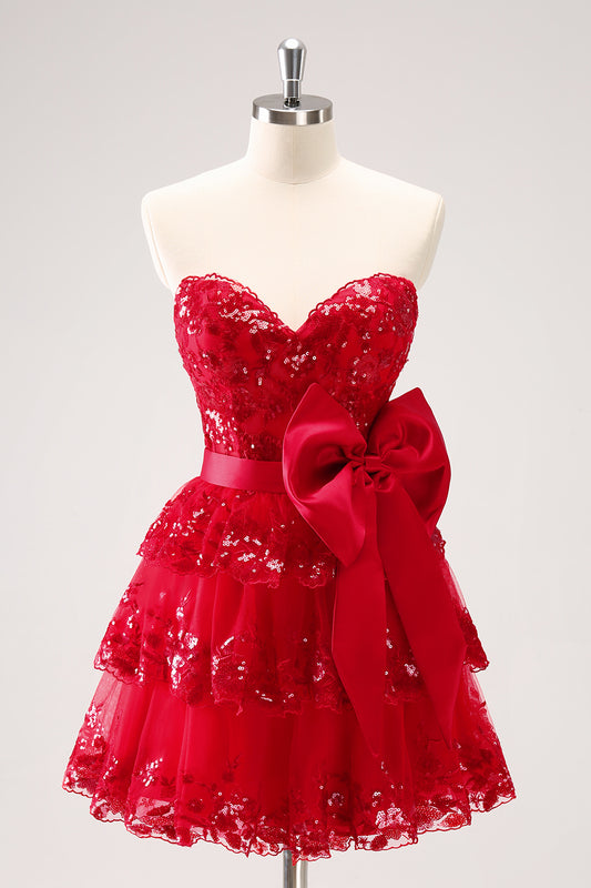 Red Sparkly Strapless A Line Short Homecoming Dress with Bow