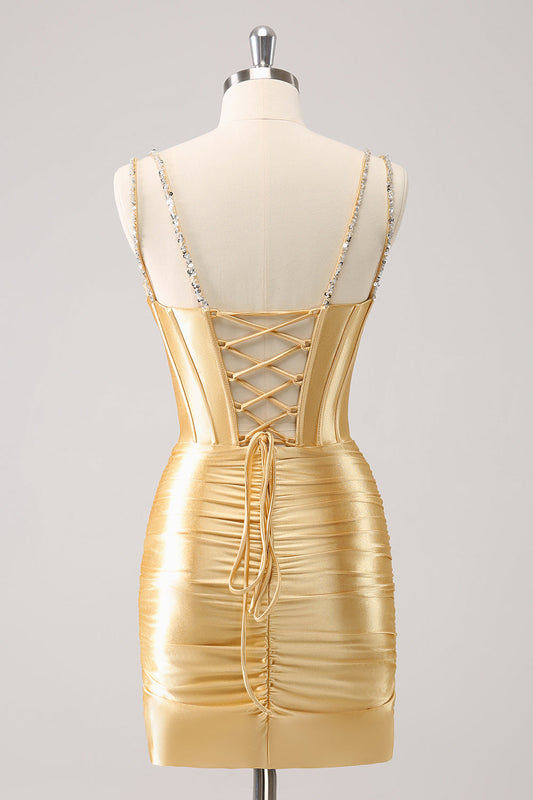 Golden Spaghetti Straps Bodycon Homecoming Dress with Sequins