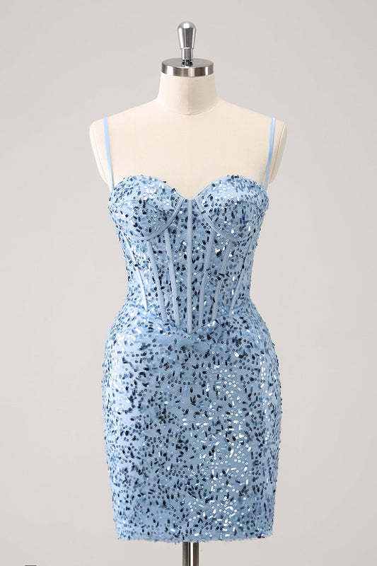 Sparkly Blue Tight Sequins Spaghetti Straps Homecoming Dress