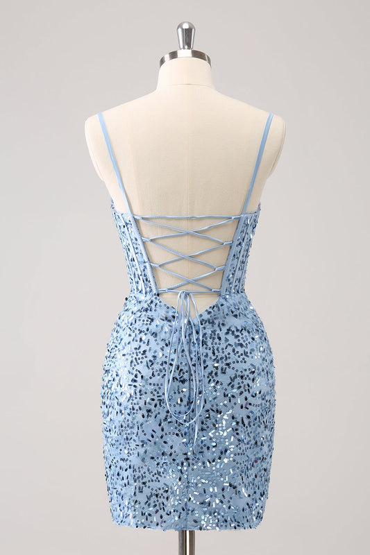 Sparkly Blue Tight Sequins Spaghetti Straps Homecoming Dress
