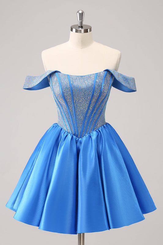 Sparkly Blue A-Line Off the Shoulder Beaded Satin Homecoming Dress