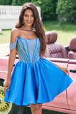 Sparkly Blue A-Line Off the Shoulder Beaded Satin Short Homecoming Dress