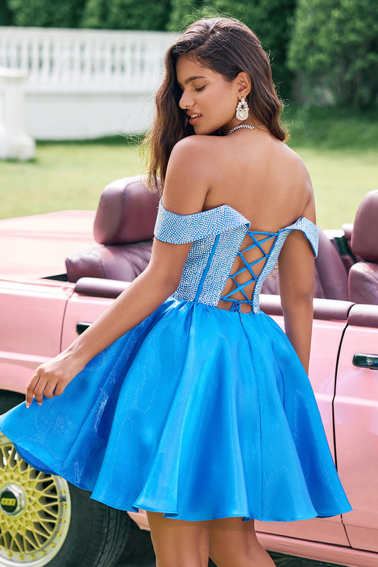 Sparkly Blue A-Line Off the Shoulder Beaded Satin Short Homecoming Dress
