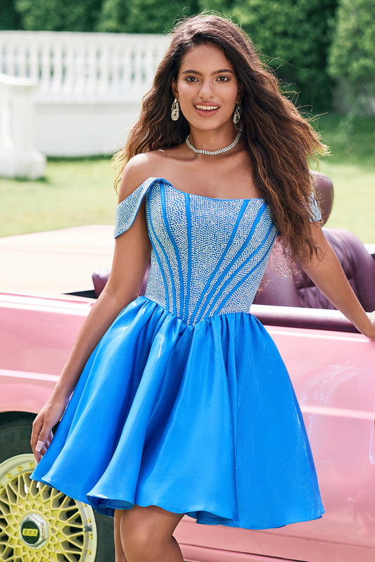 Sparkly Blue A-Line Off the Shoulder Beaded Satin Short Homecoming Dress
