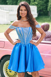 Sparkly Blue A-Line Off the Shoulder Beaded Satin Short Homecoming Dress