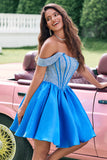 Sparkly Blue A-Line Off the Shoulder Beaded Satin Short Homecoming Dress