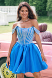 Sparkly Blue A-Line Off the Shoulder Beaded Satin Short Homecoming Dress