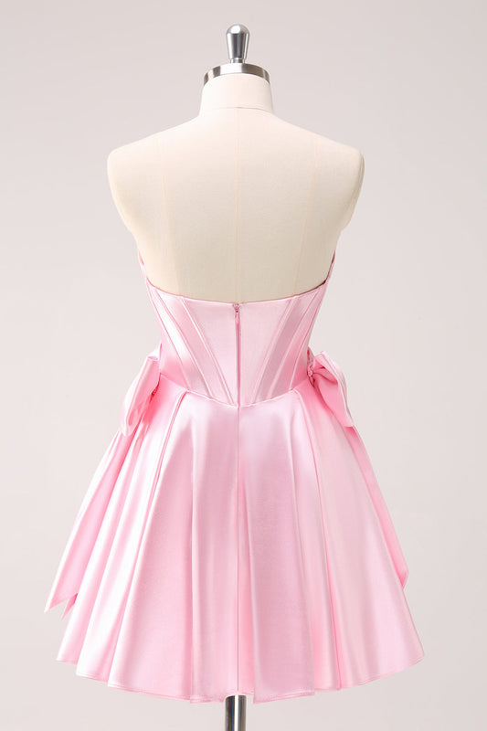 Pink A Line Strapless Corset Beaded Homecoming Dress with Bows