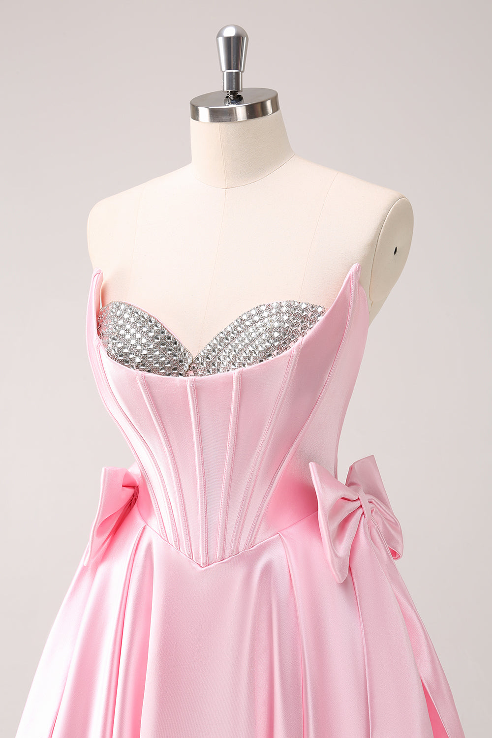 Pink A Line Strapless Corset Beaded Homecoming Dress with Bows