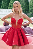 Red A Line Strapless Corset Short Ruffle Cute Homecoming Dress with Beading