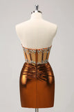 Glitter Beaded Copper Corset Pleated Strapless Short Tight Homecoming Dress