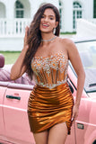 Sparkly Tight Strapless Corset Pleated Copper Homecoming Dress with Beading