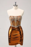 Glitter Beaded Copper Corset Pleated Strapless Short Tight Homecoming Dress