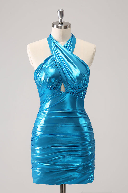 Metallic Tight Halter Backless Satin Blue Homecoming Dress