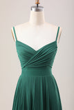 Dark Green A Line Spaghetti Straps Long Chiffon Bridesmaid Dress