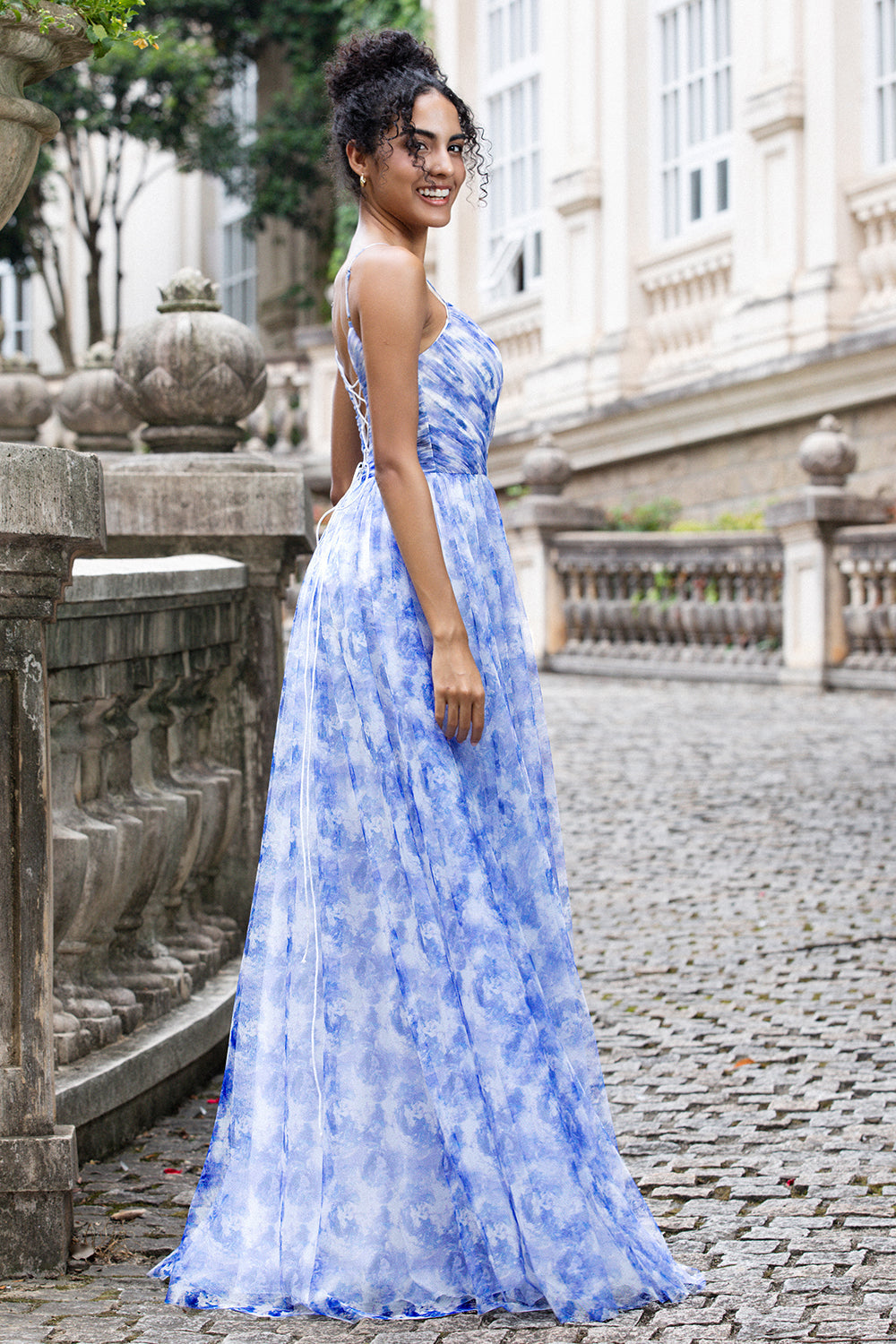 Blue Print A Line Spaghetti Straps Pleated Long Bridesmaid Dress with Lace Up Back