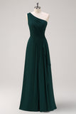 Dark Green A-Line One Shoulder Ruched Long Bridesmaid Dress