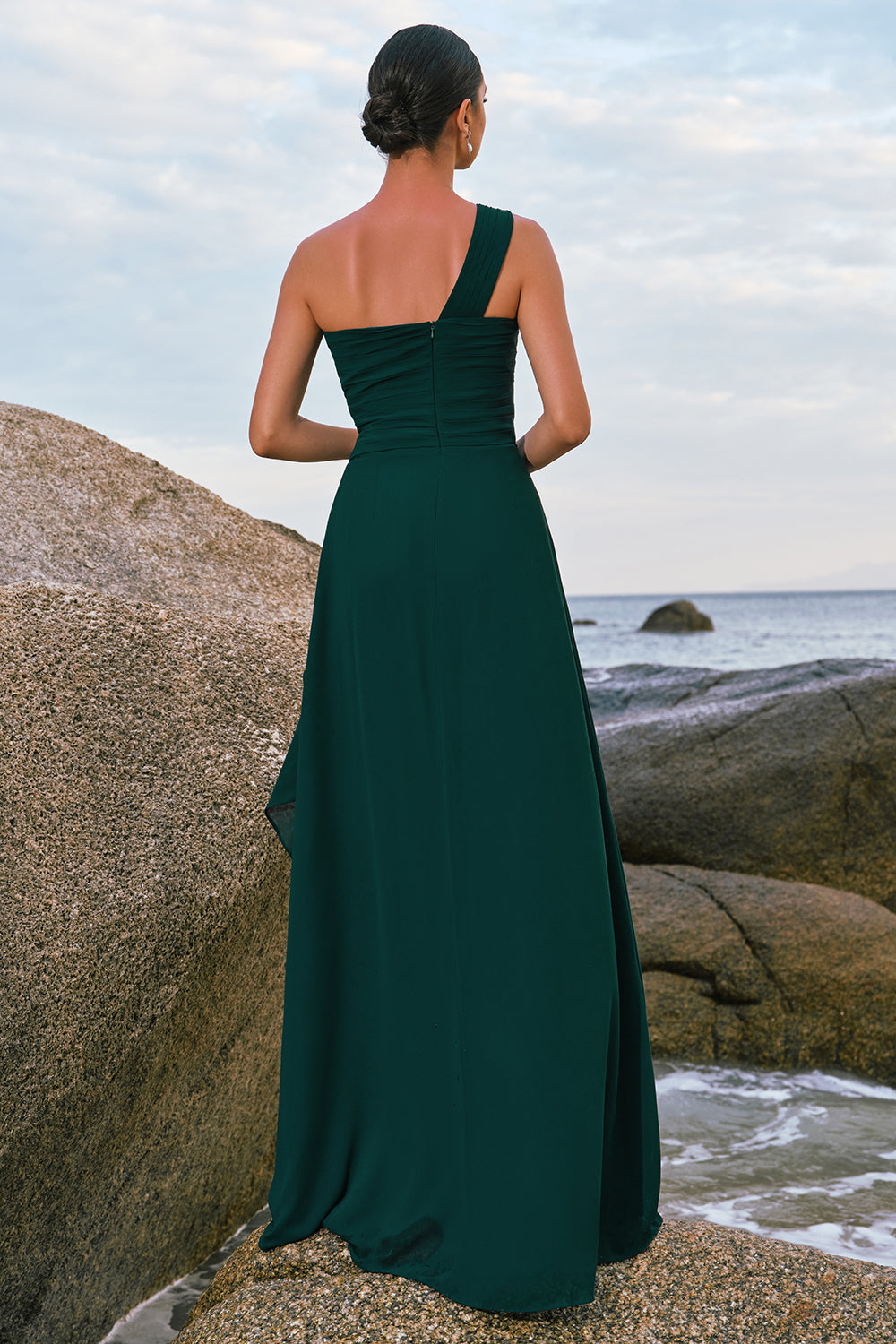 Dark Green One Shoulder A-Line Ruched Long Bridesmaid Dress