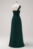 Dark Green A-Line One Shoulder Ruched Long Bridesmaid Dress