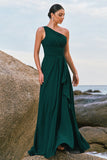 Dark Green A-Line One Shoulder Ruched Long Bridesmaid Dress