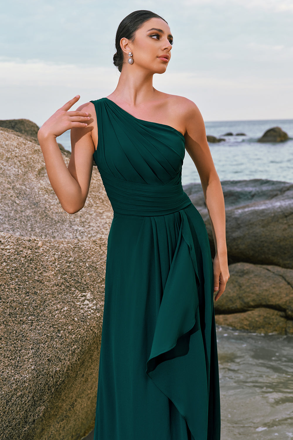 Dark Green A-Line One Shoulder Ruched Long Bridesmaid Dress