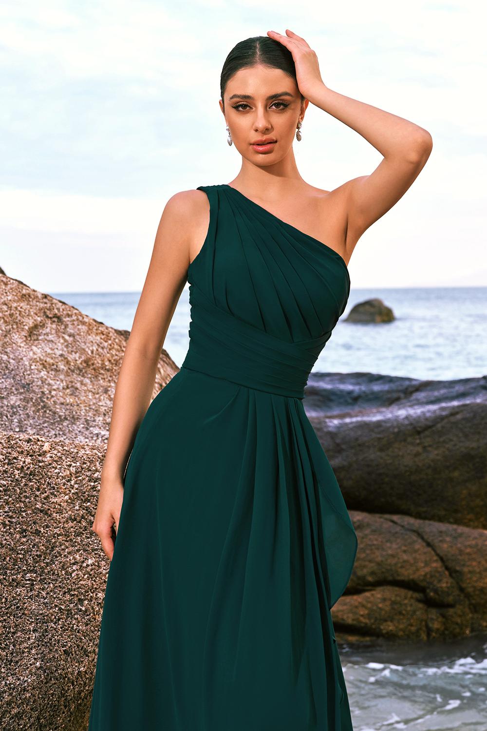 Dark Green A-Line One Shoulder Ruched Long Bridesmaid Dress