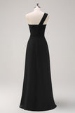 Dark Green One Shoulder A-Line Ruched Long Bridesmaid Dress